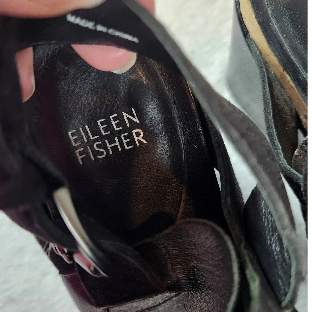 Eileen Fisher Wedge Sandals Womens 8 Black Leather Ruched Platform Slingback